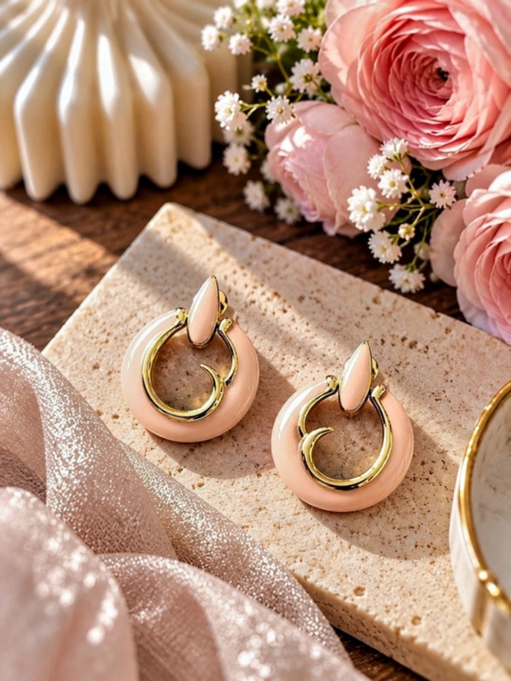 Vintage Peach & Gold-Tone Hoop Enamel Earrings